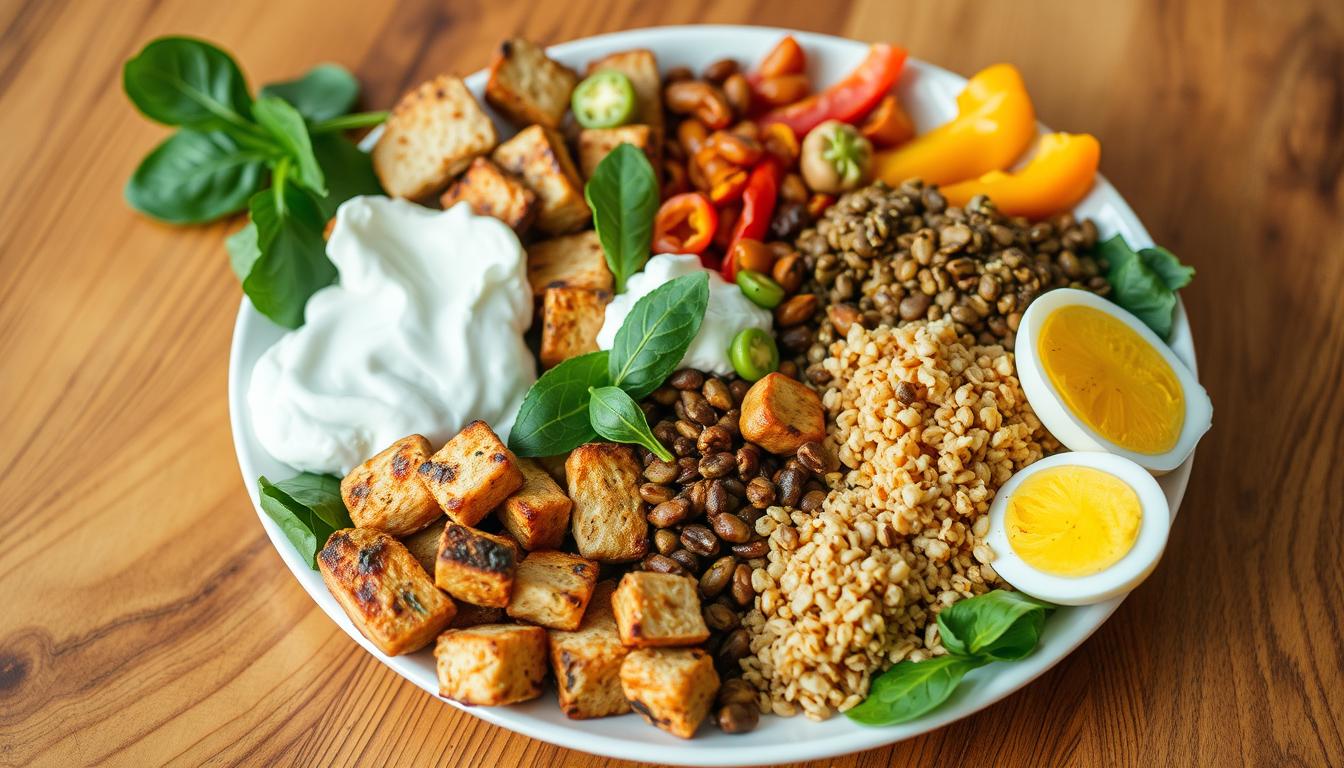 A colorful and vibrant plate featuring a variety of protein sources, including grilled chicken, tofu, lentils, eggs, yogurt, and quinoa, surrounded by fresh vegetables like spinach and bell peppers, artfully arranged on a wooden table with natural light highlighting the textures and colors.