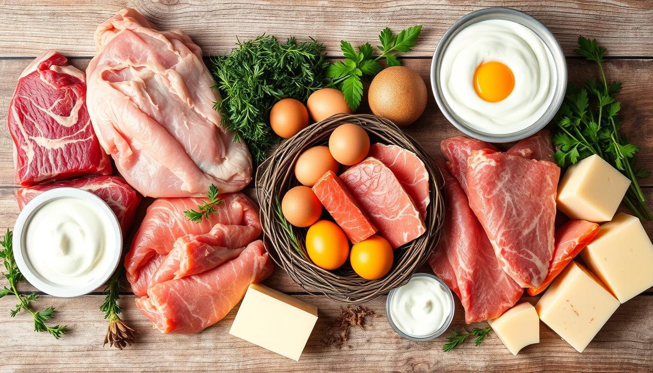 A variety of animal protein sources displayed artfully: raw cuts of beef, chicken breasts, salmon fillets, eggs in a nest, and a selection of dairy products like cheese and yogurt, arranged on a rustic wooden table, with fresh herbs and spices scattered around for a vibrant contrast.