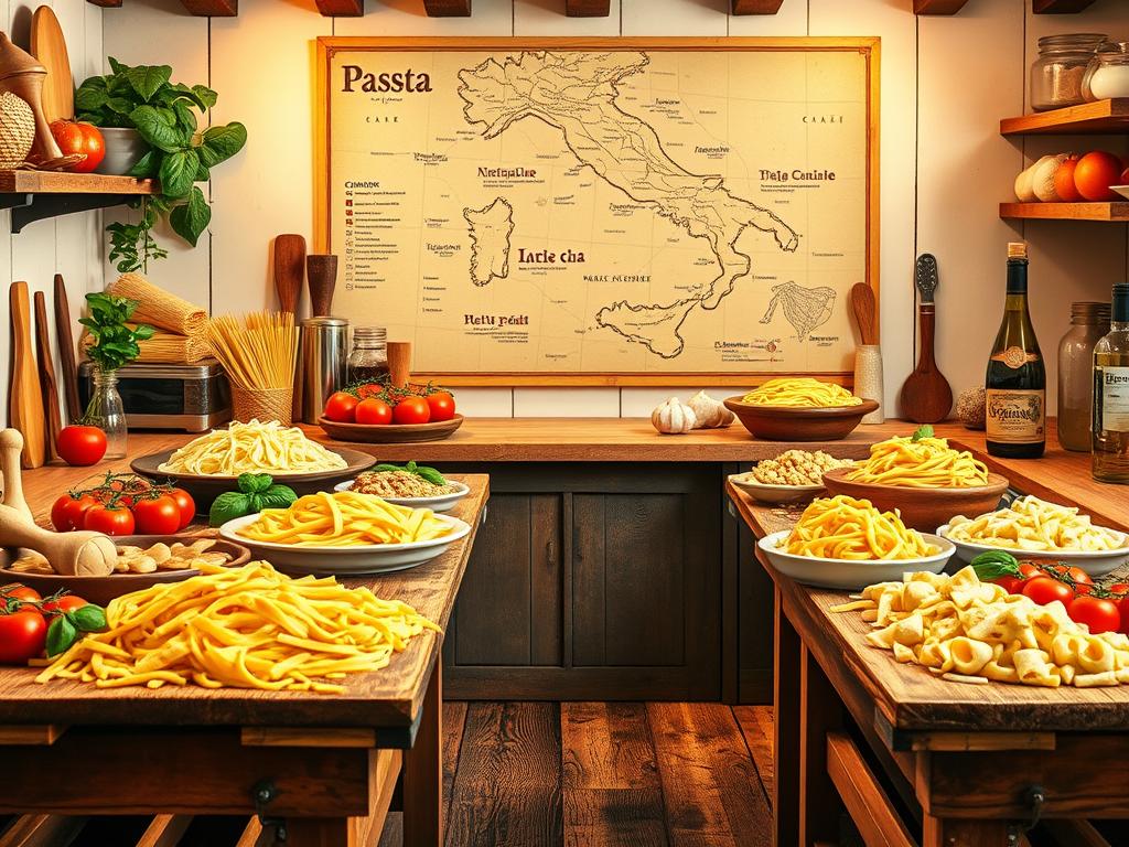 A vibrant Italian kitchen setting showcasing a timeline of classic pasta dishes