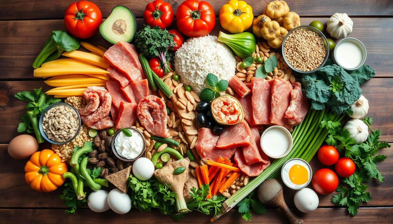 A vibrant and colorful assortment of protein-rich foods arranged artistically on a wooden table, showcasing various sources like lean meats, fish, legumes, nuts, seeds, eggs, and dairy products, surrounded by fresh vegetables and grains, emphasizing health and nutrition