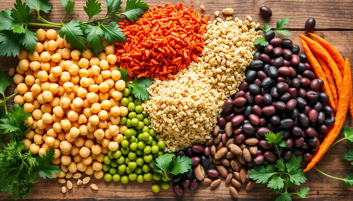 A vibrant assortment of colorful plant-based protein sources arranged aesthetically on a wooden table, featuring chickpeas, lentils, quinoa, edamame, black beans, and hemp seeds, surrounded by fresh greens and herbs, with natural light illuminating the scene.