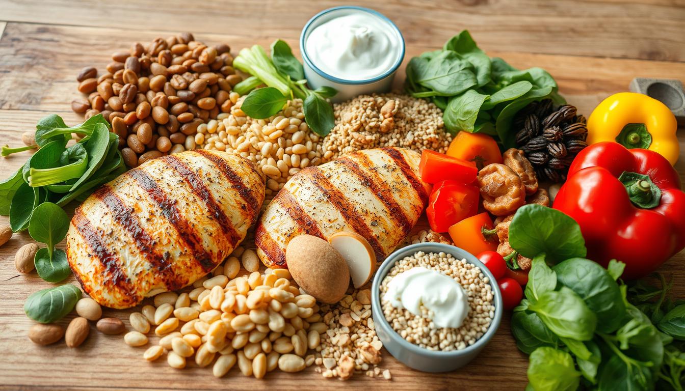 A vibrant assortment of protein sources arranged artistically on a wooden table, featuring grilled chicken breast, a variety of beans, lentils, quinoa, nuts, seeds, Greek yogurt, and colorful vegetables like spinach and bell peppers, all enhancing the theme of a balanced diet. Soft natural lighting highlighting the textures and freshness of the ingredients.